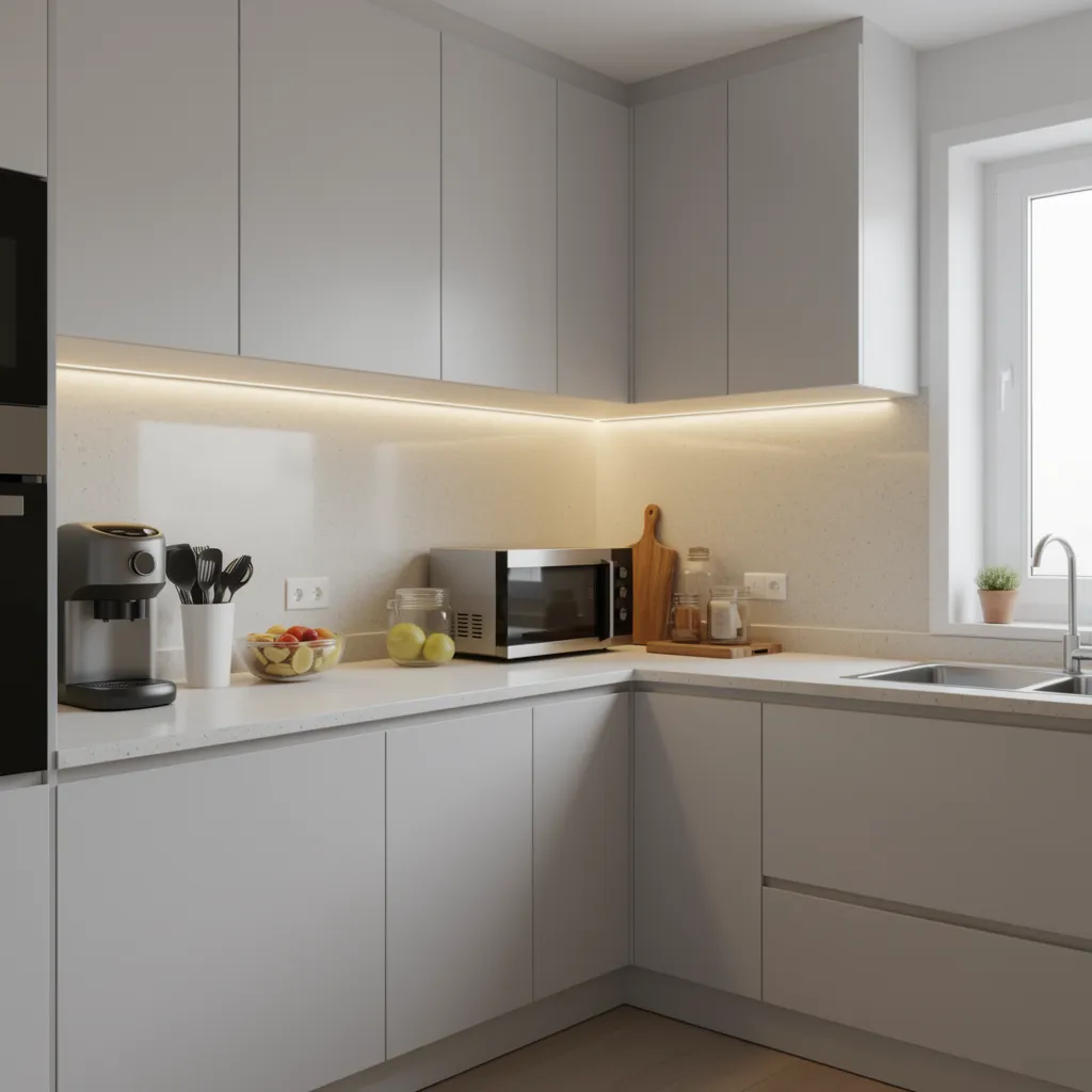 small kitchen with under cabinet lighting and expanded counter space