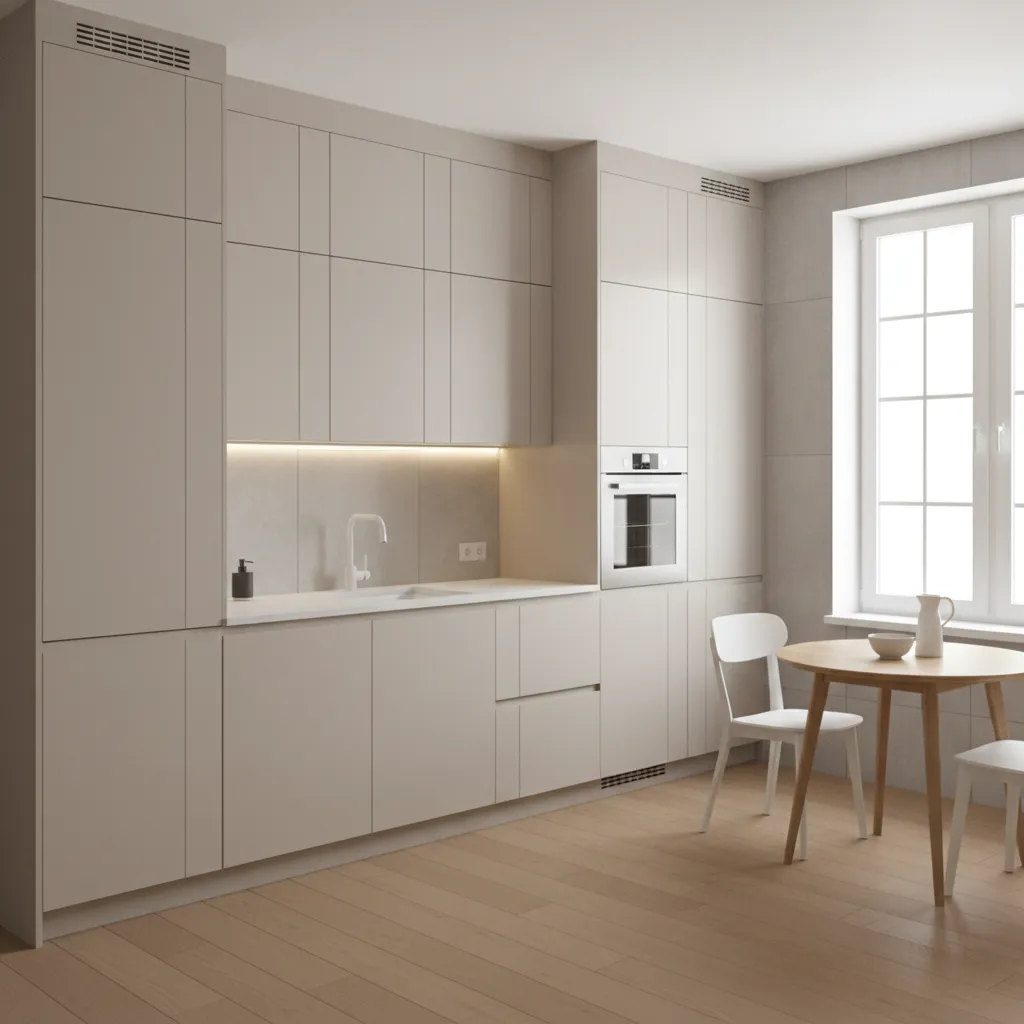 Small kitchen with vertical cabinets and under cabinet lighting