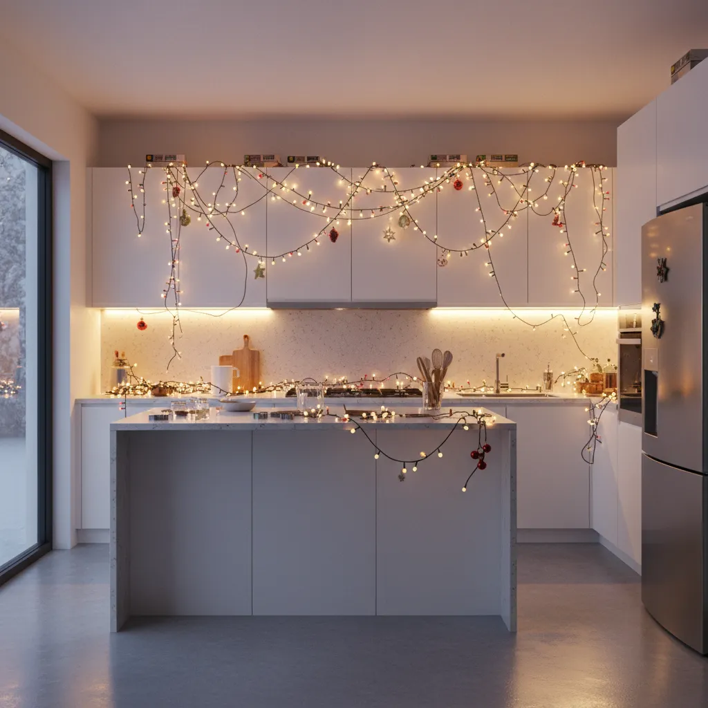 before and after example of christmas cabinet lighting in small kitchen