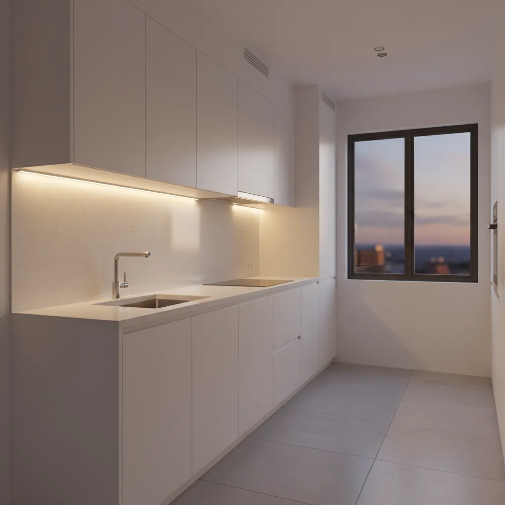 Small kitchen with under cabinet lighting and light cabinets