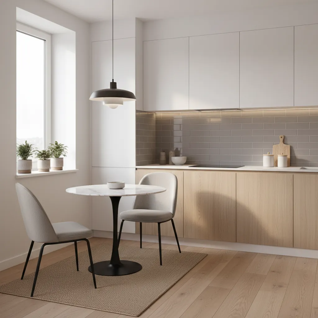 Well lit small kitchen corner dining area with pendant light