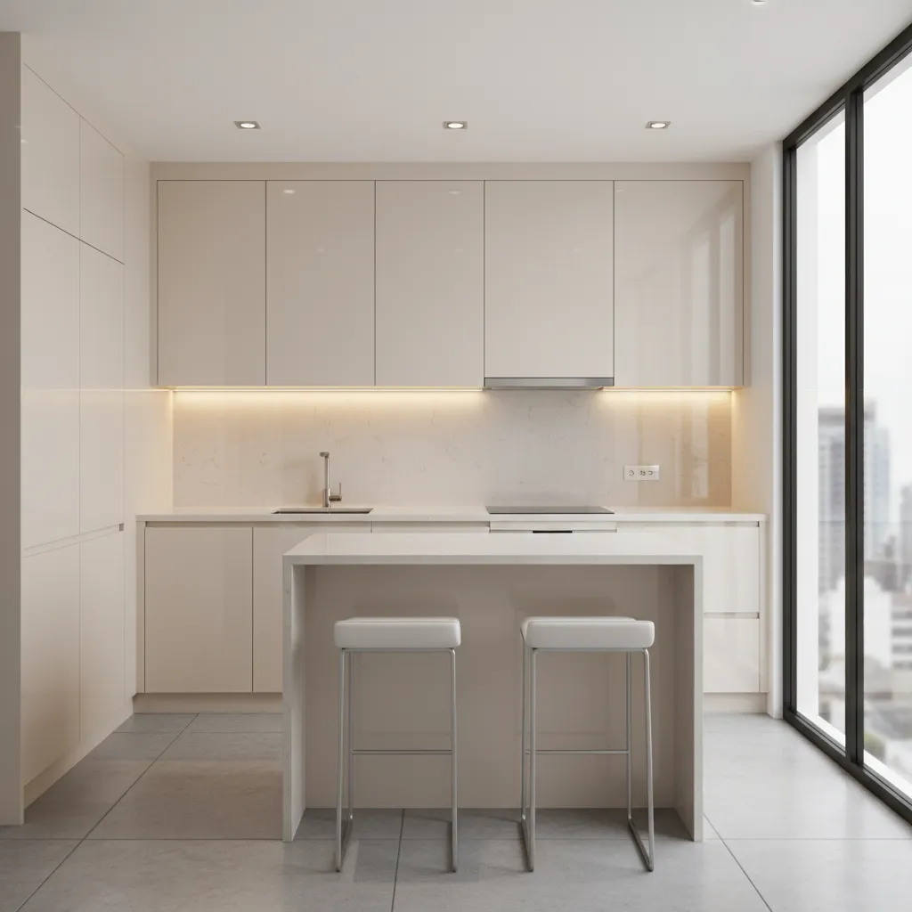 small kitchen with under cabinet lighting and bright finishes