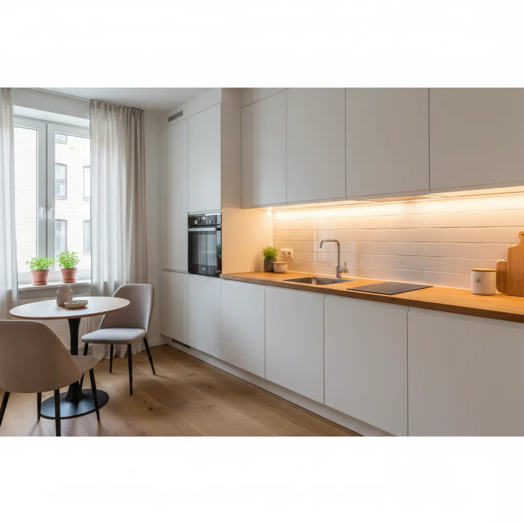 Iluminación LED bajo muebles en una cocina pequeña moderna