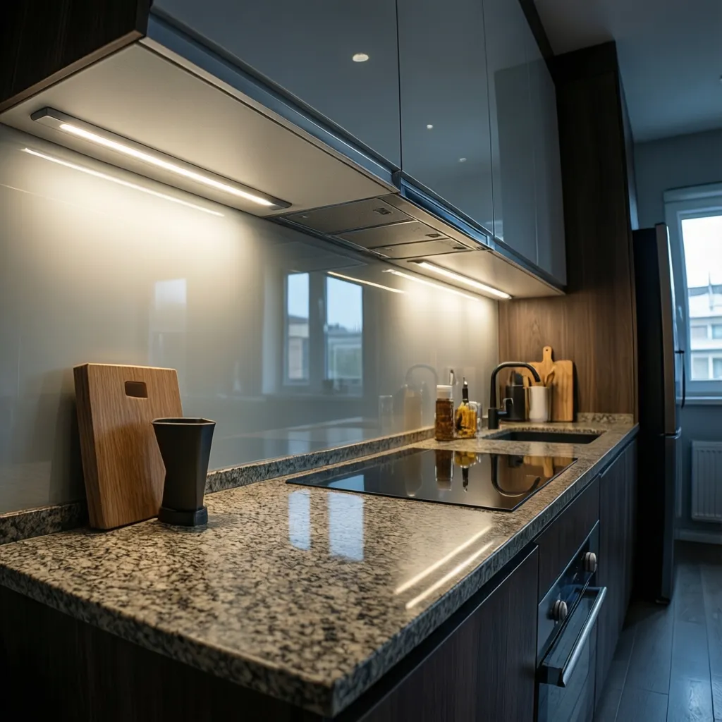 Small kitchen with under cabinet lighting and bright reflective finishes