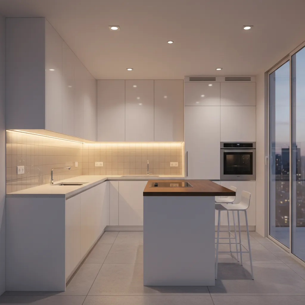 White kitchen with a wood top island bar stools tiled wall and warm hidden lighting