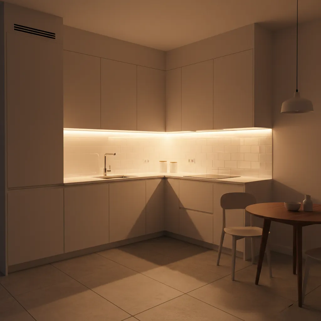 small kitchen with under cabinet lighting and reflective backsplash making space brighter