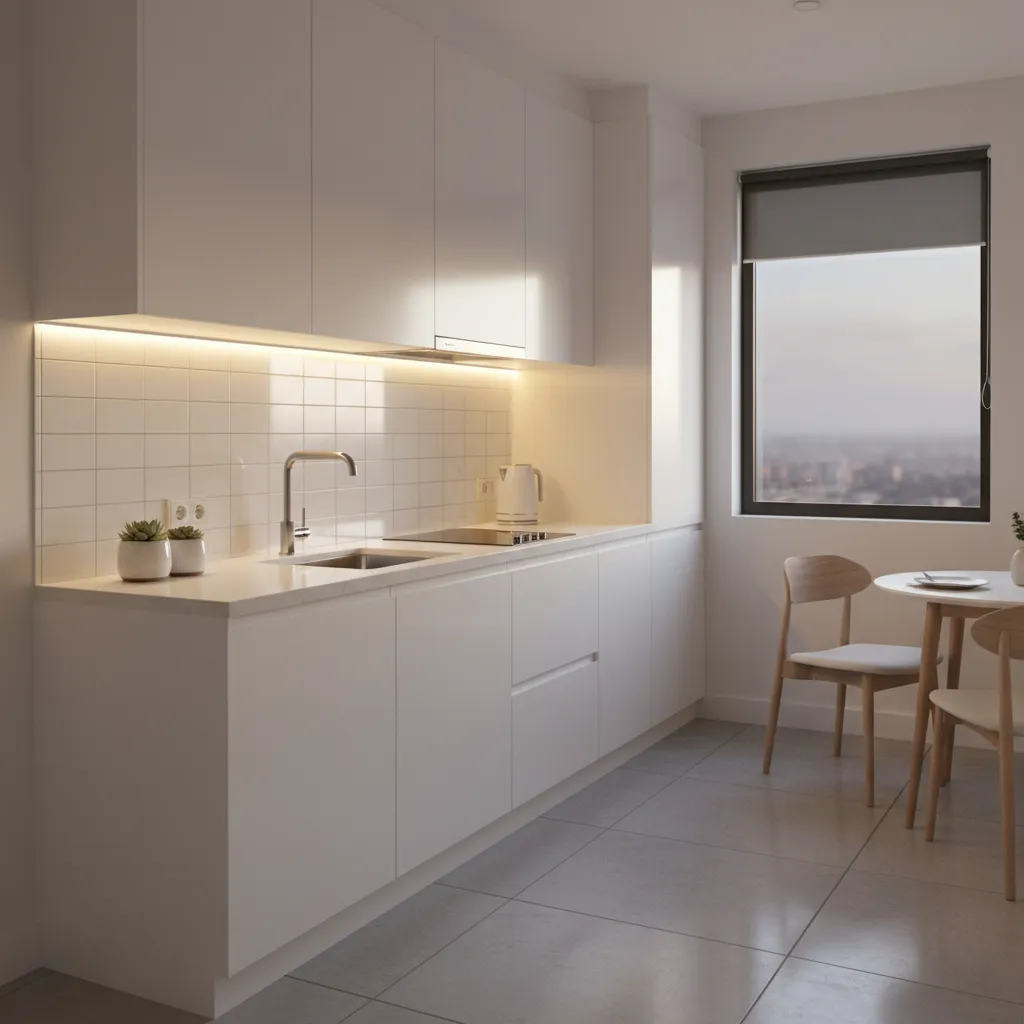 Small apartment kitchen with under cabinet lighting and glossy finishes