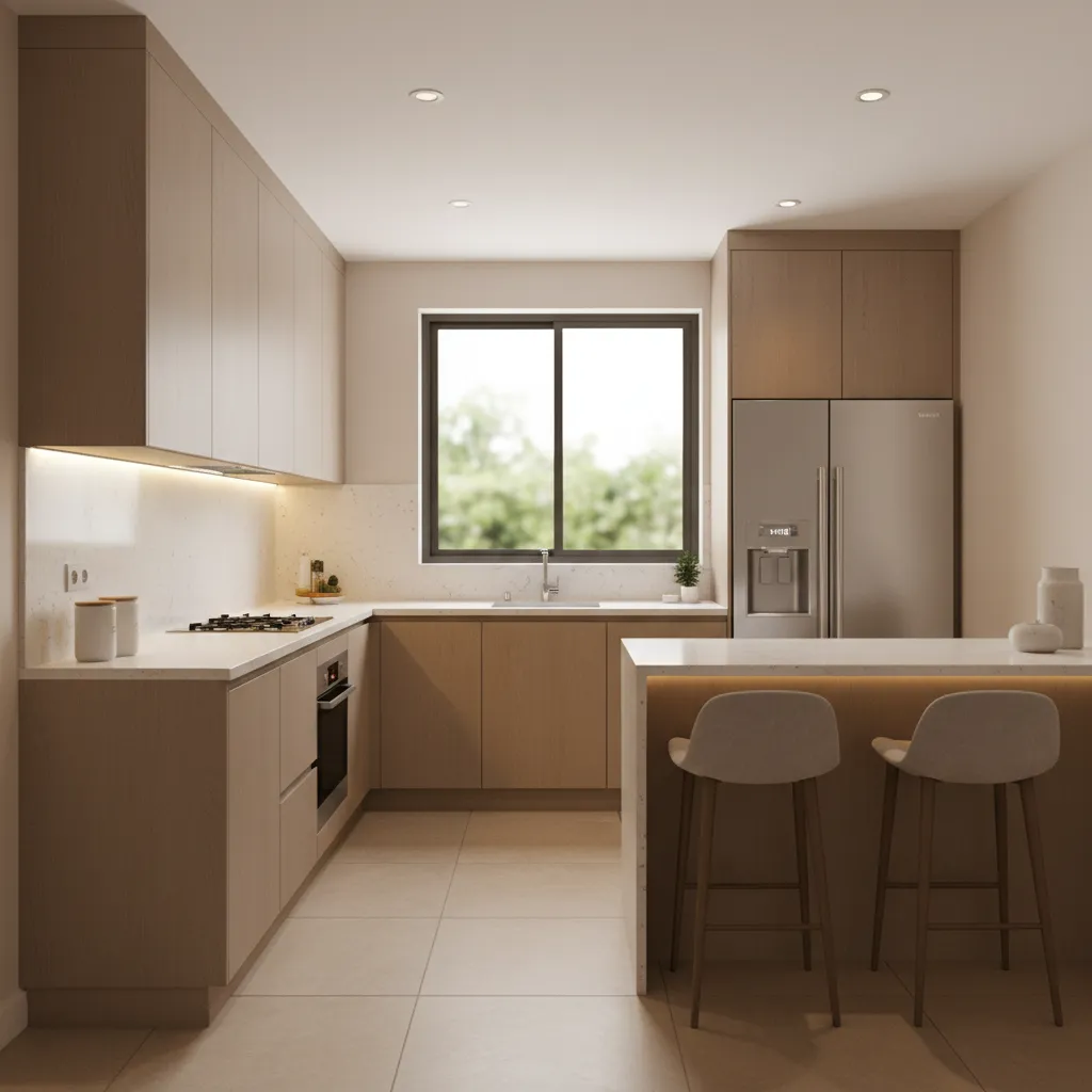 small kitchen with layered lighting including under cabinet LEDs