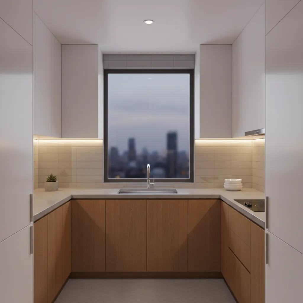 Well lit small kitchen with under cabinet lighting and reflective backsplash