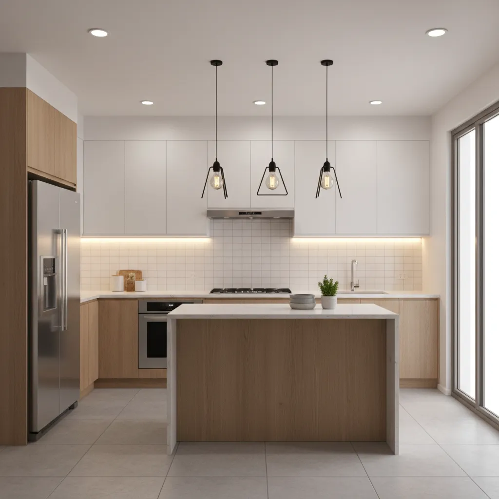 Layered lighting in a small modern kitchen with under cabinet lights