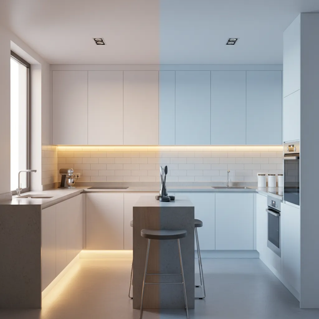 Small kitchen showing cabinet color under warm and cool lighting