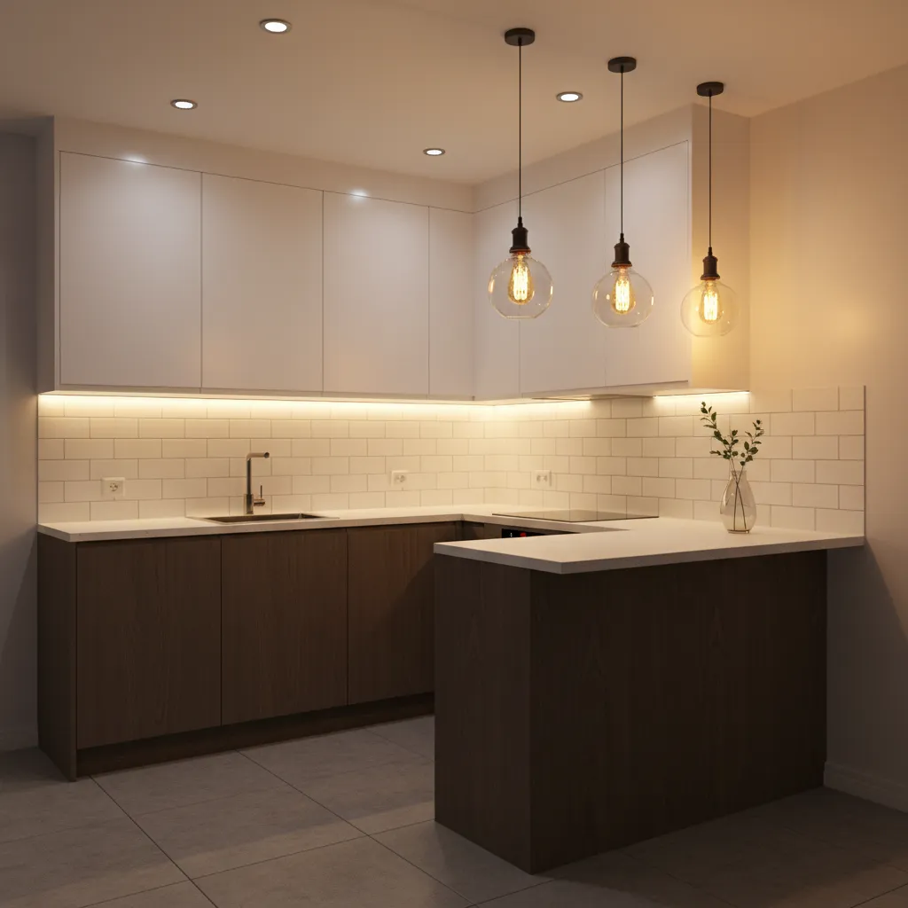 Example of layered lighting in a compact kitchen with decorative LED bulbs