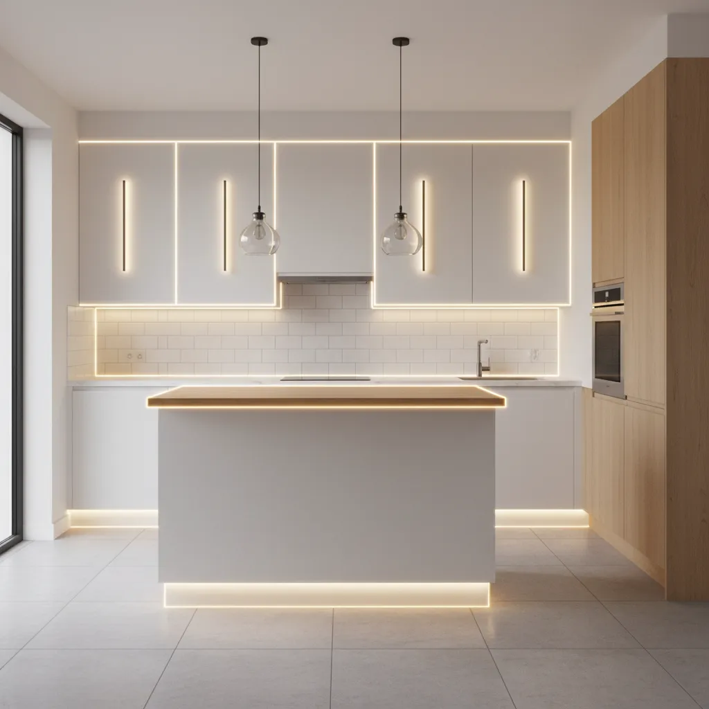 Kitchen lighting placement showing wall lights and under cabinet lighting zones