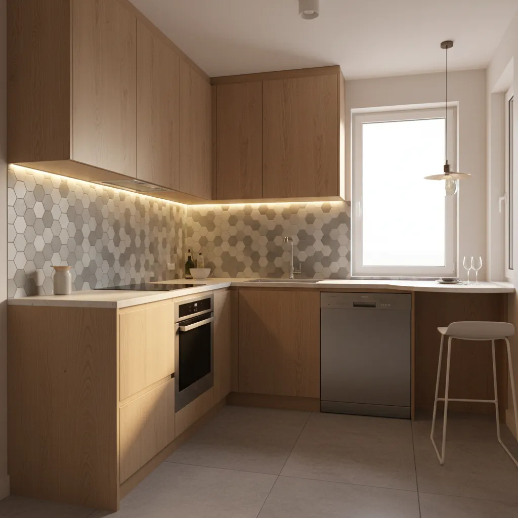 small kitchen with under cabinet lighting and modern backsplash