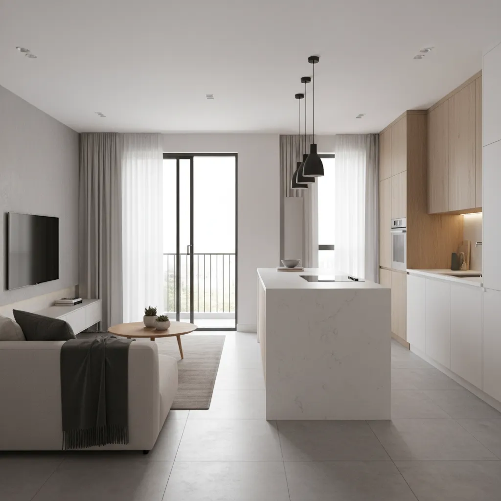 small open kitchen with island blocking circulation path in living room