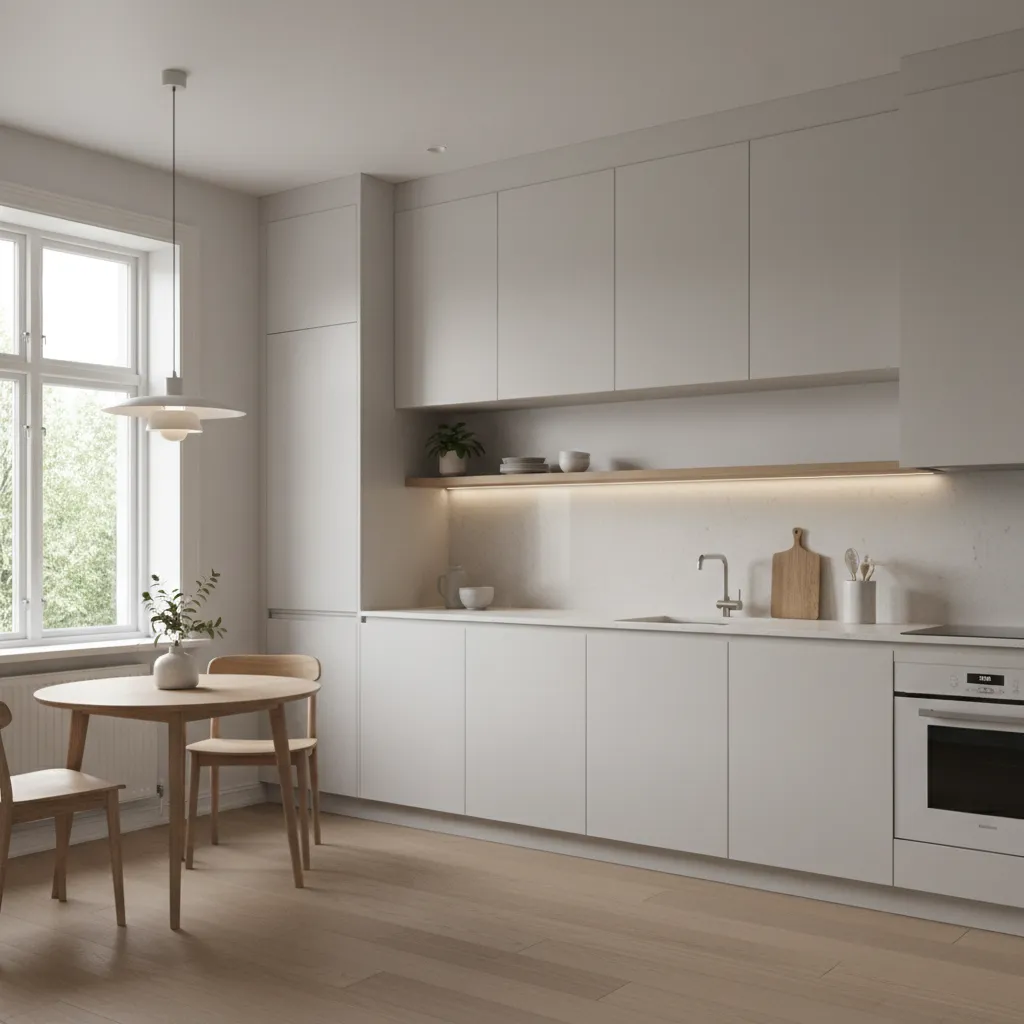 Modern white kitchen with wooden shelf under cabinet lighting round dining table and white oven