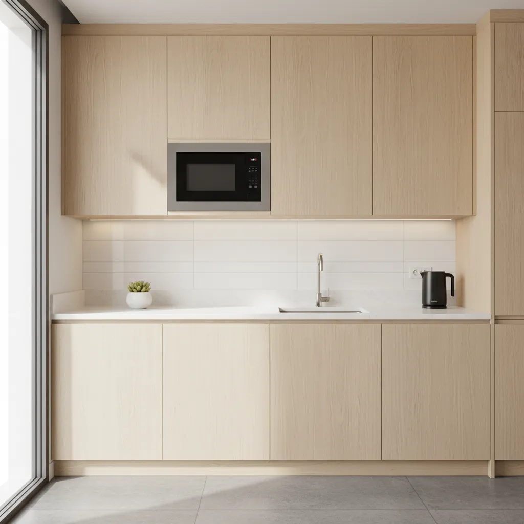 Built-in microwave niche inside compact kitchen cabinet layout