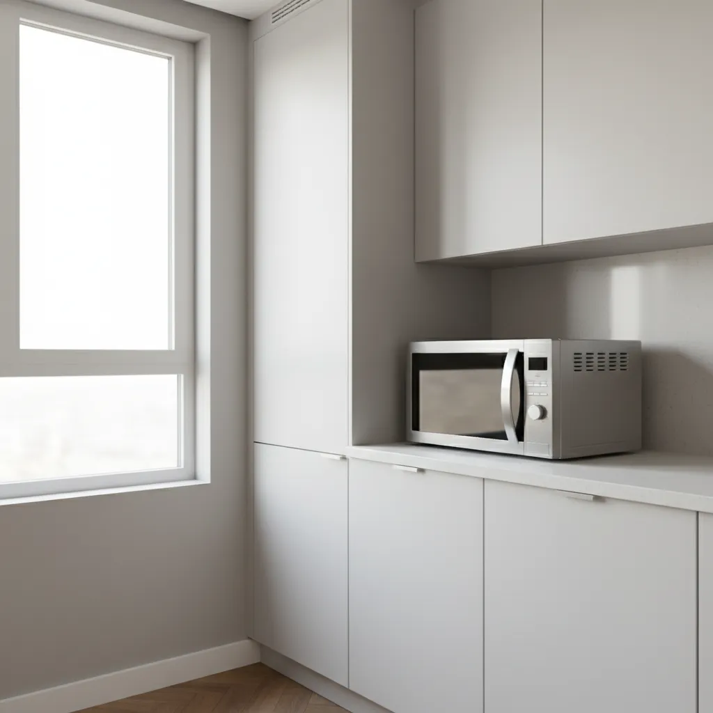 compact kitchen countertop with microwave positioned safely with side ventilation space