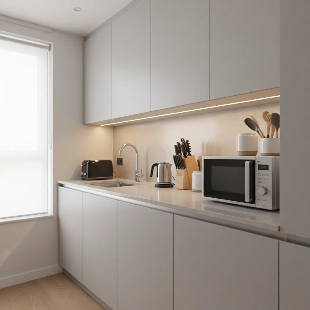 small kitchen with microwave taking up countertop space