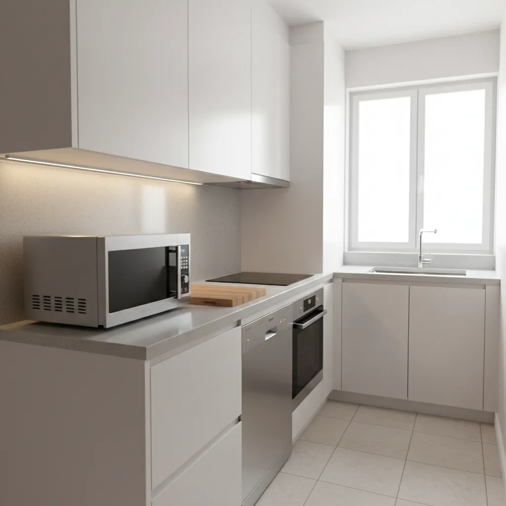 small kitchen with microwave taking up valuable countertop space