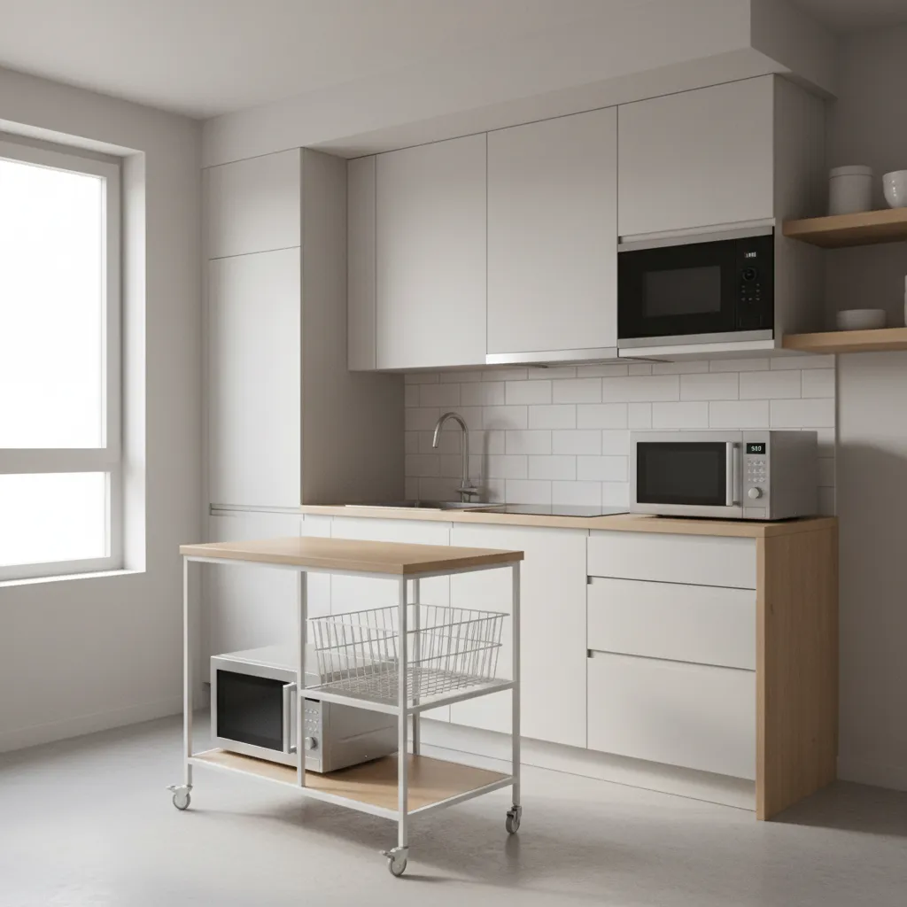 Compact kitchen with microwave placed on cart and cabinet shelf examples