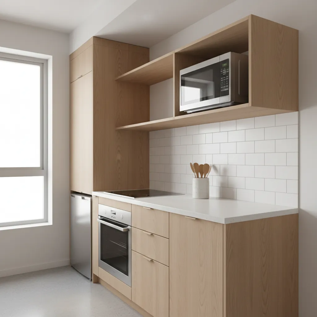 Small kitchen with wall mounted microwave shelf saving counter space