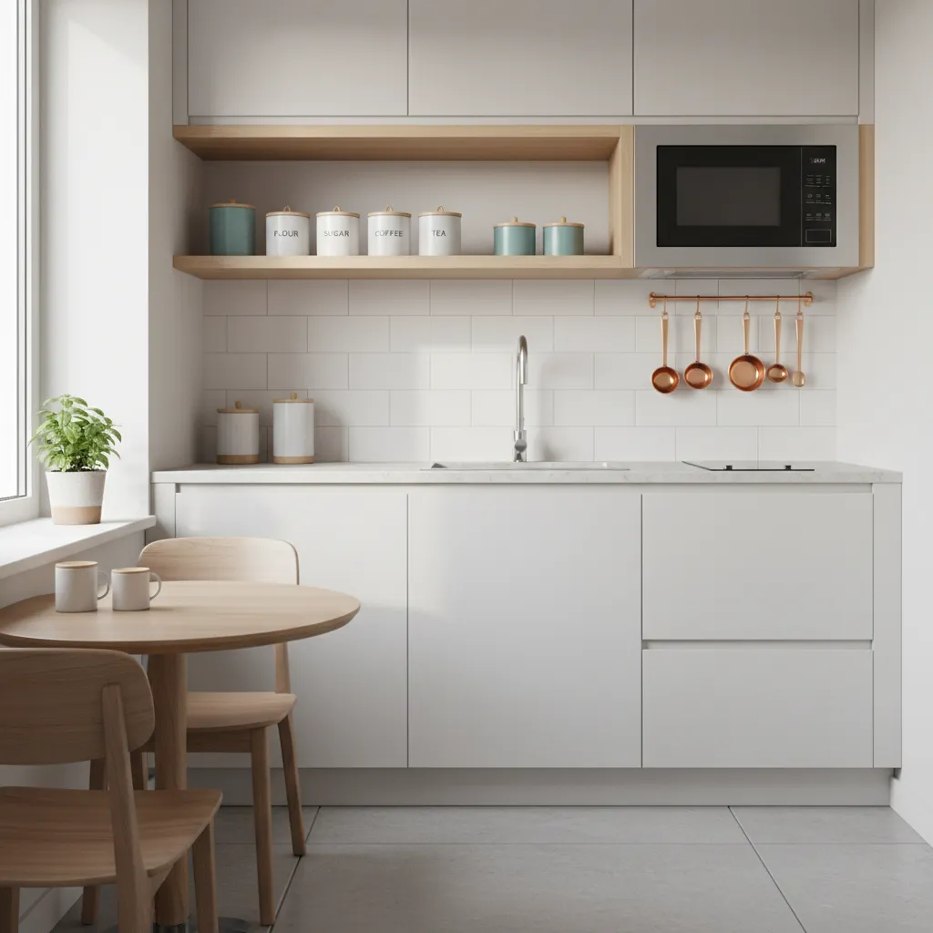 microwave placed on wall shelf in compact kitchen