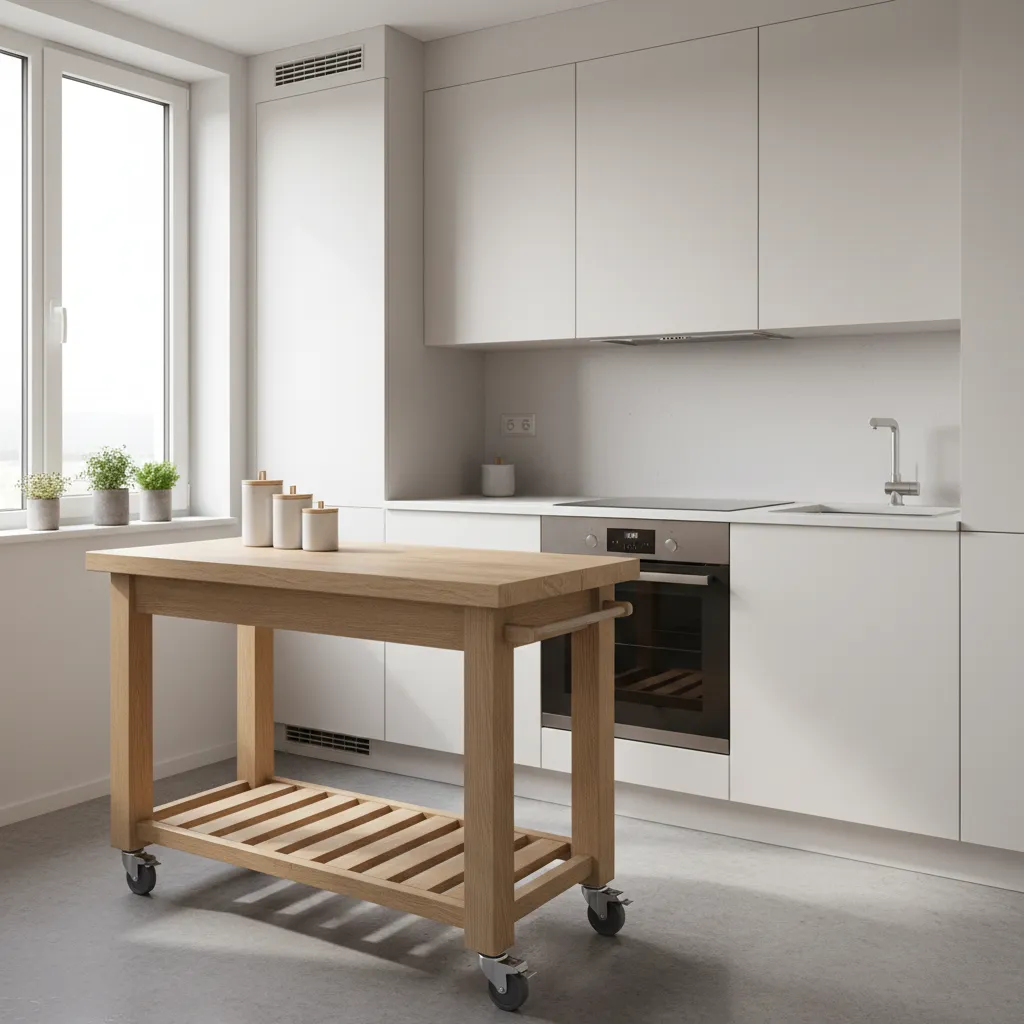 Small kitchen with movable prep cart instead of island