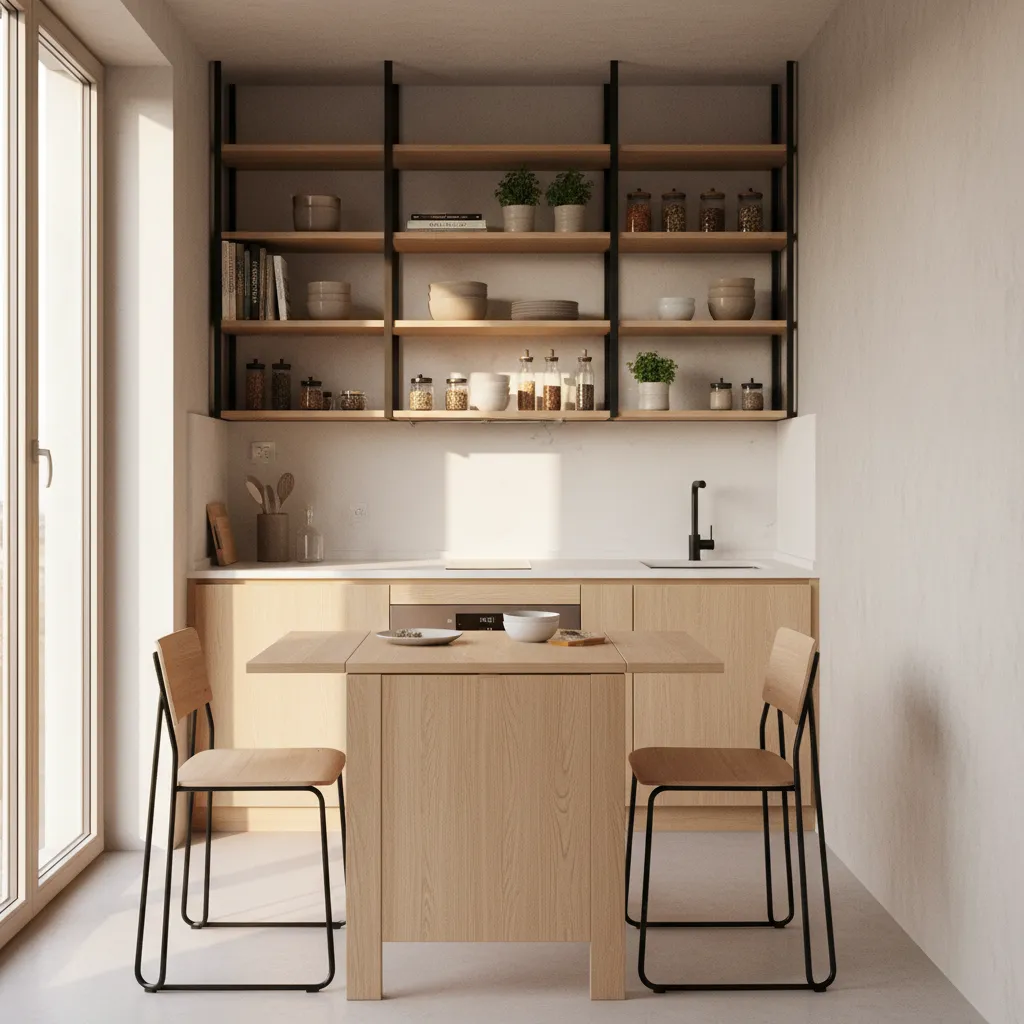 tiny apartment kitchen with multipurpose furniture and compact layout