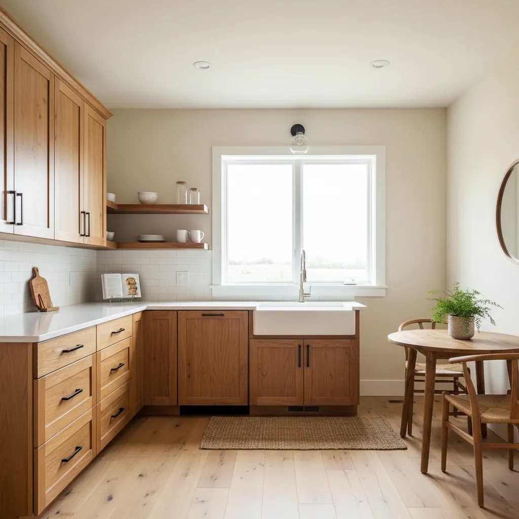 Modern kitchen with oak cabinets white backsplash farmhouse sink large window and small wooden dining table