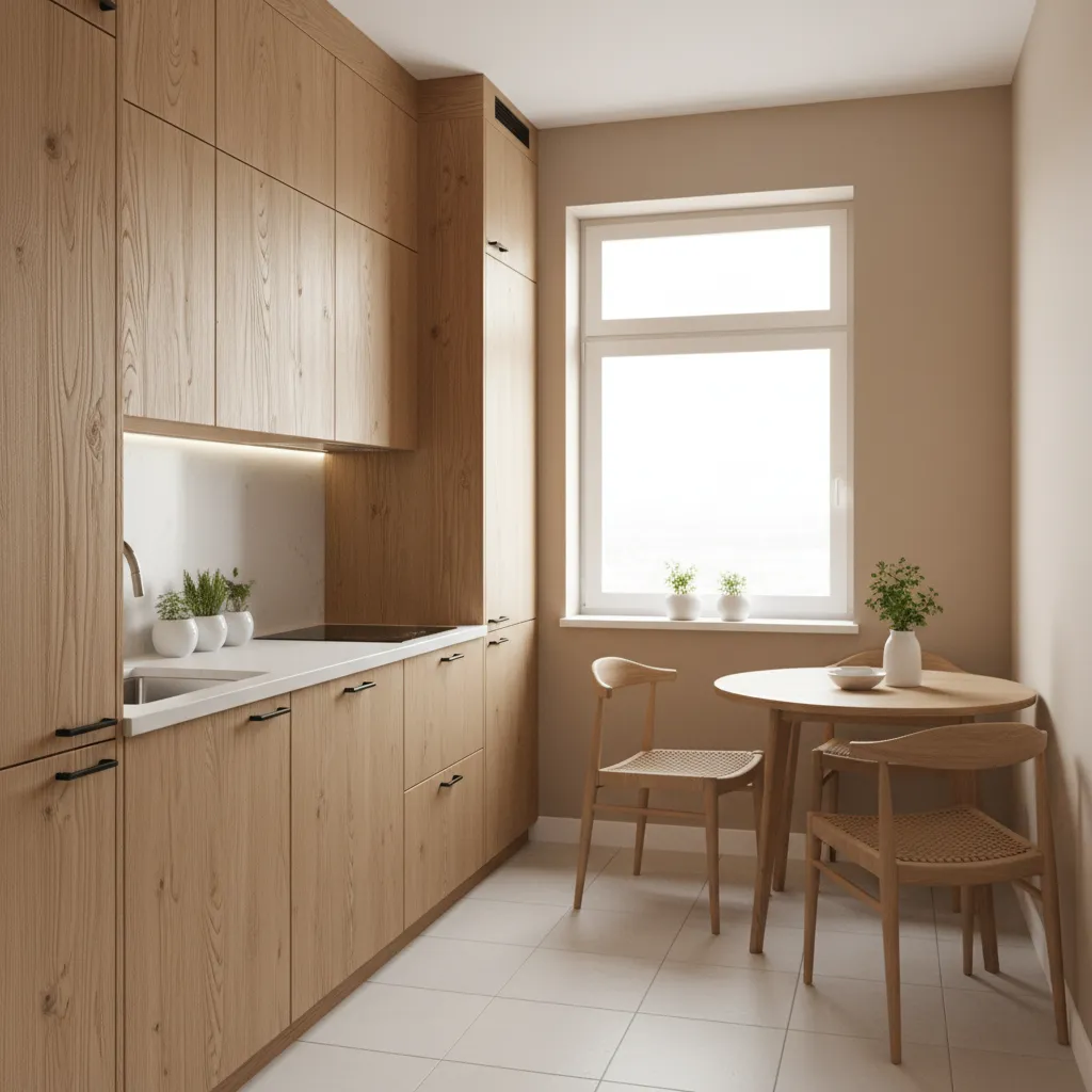 Small kitchen featuring light wood cabinets, beige walls, a window, and a round wooden dining table