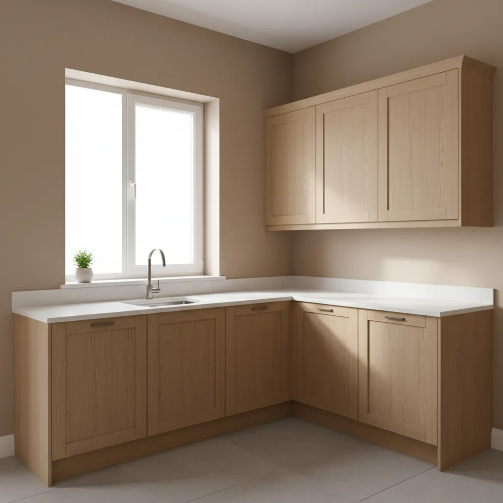 Small L-shaped kitchen with light wood cabinets white stone countertop sink and one bright window