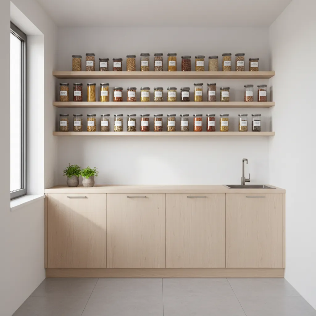 Small kitchen wall with open pantry shelves storing jars and dry foods