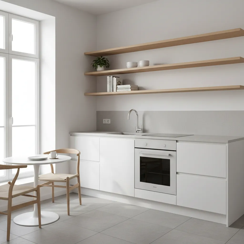 small kitchen with open shelving and light cabinets creating spacious look