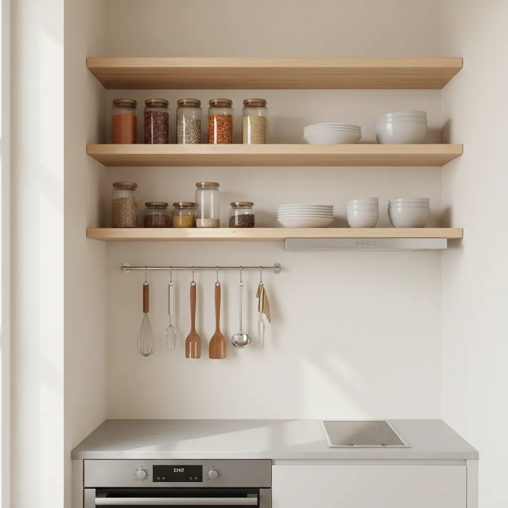 small kitchen using open shelves and vertical storage for utensils and jars