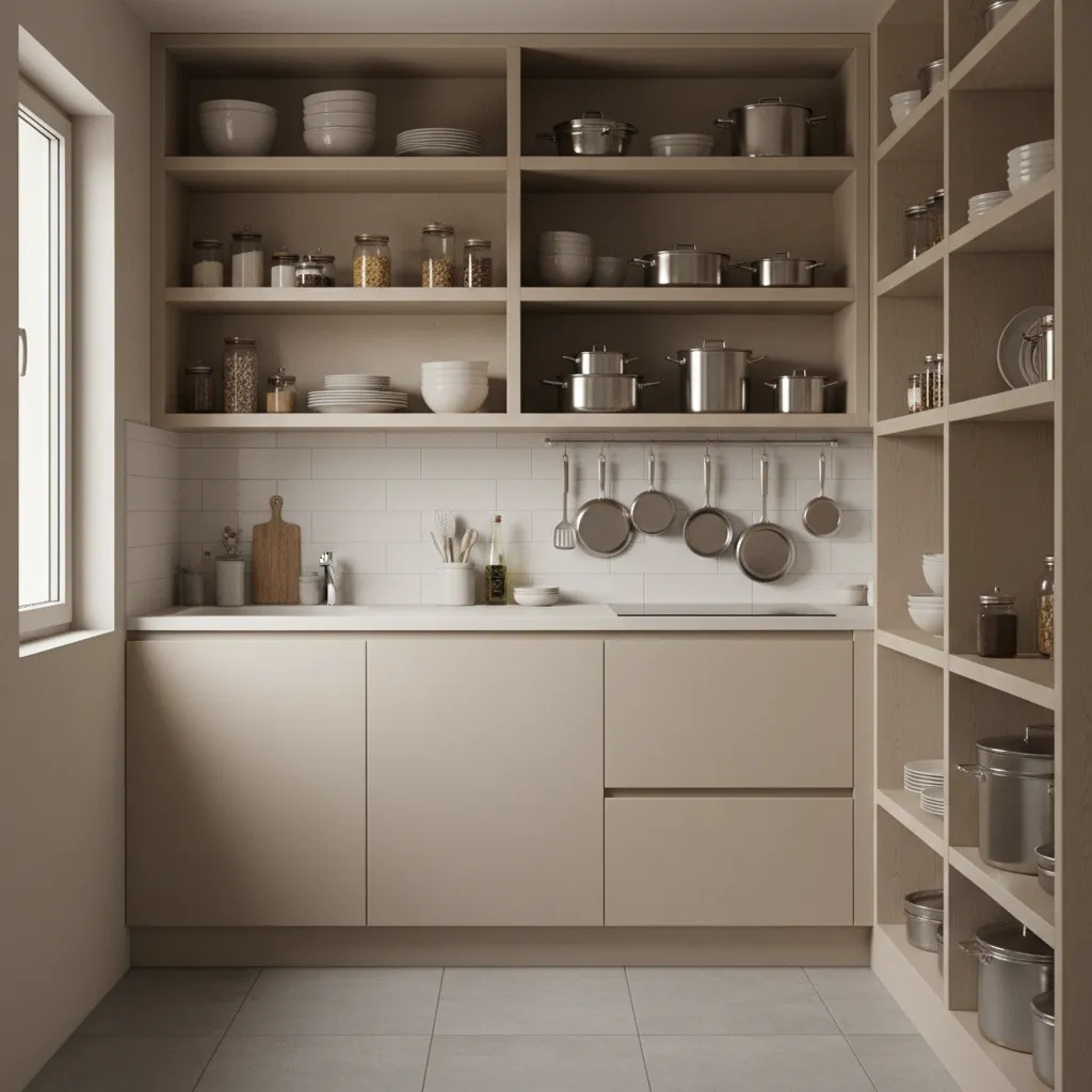 Modern kitchen with beige cabinets open wooden shelves displaying pots bowls and hanging metal cooking items