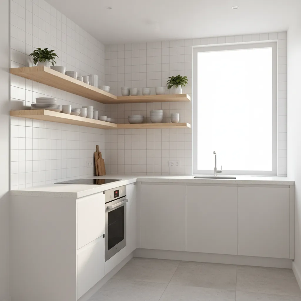 Small apartment kitchen with floating shelves and bright layout
