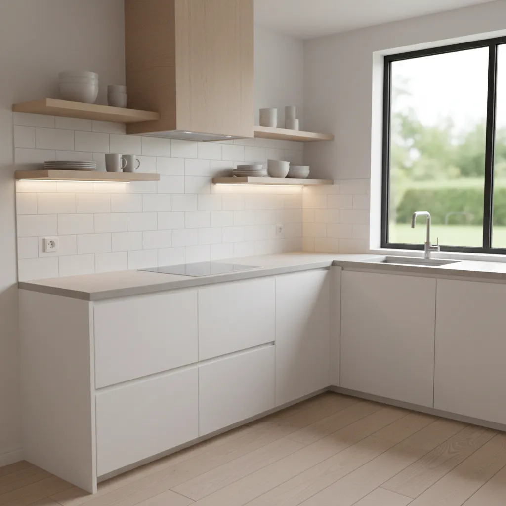 Minimal open shelving in a small modern kitchen