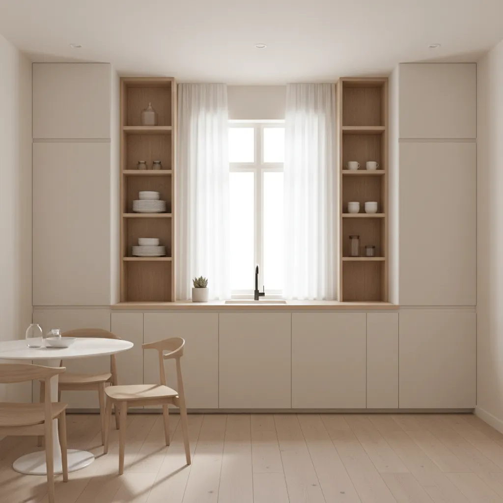 Small kitchen combining open shelves and upper cabinets