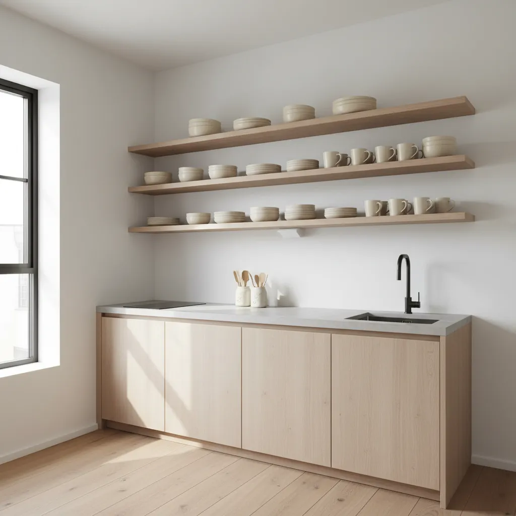 Small kitchen with open shelving storing dishes and cookware neatly