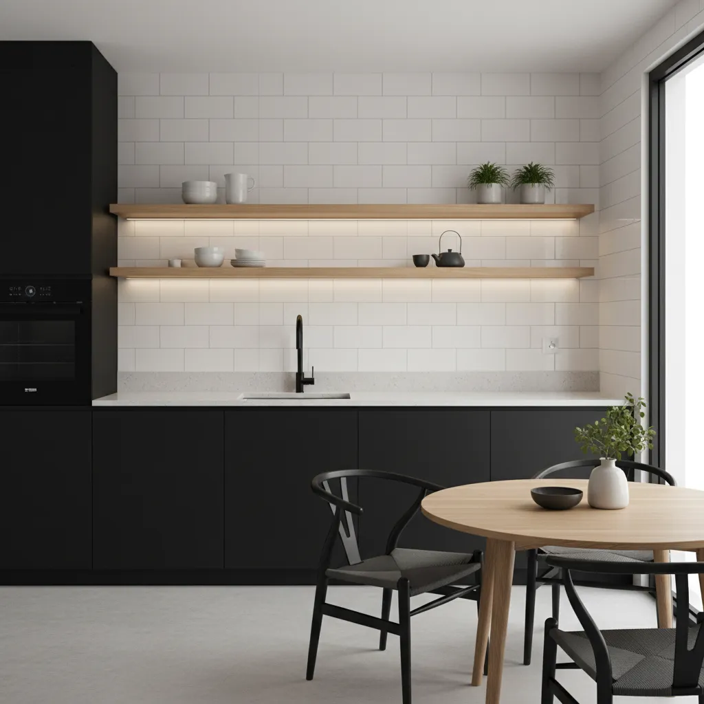 small kitchen with black base cabinets and open wood shelving