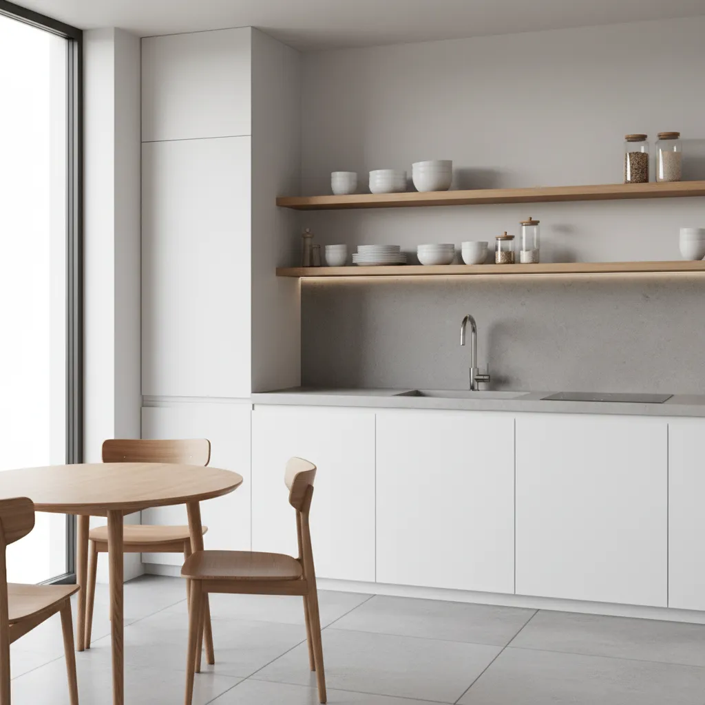 small kitchen with cabinets mixed with open shelving