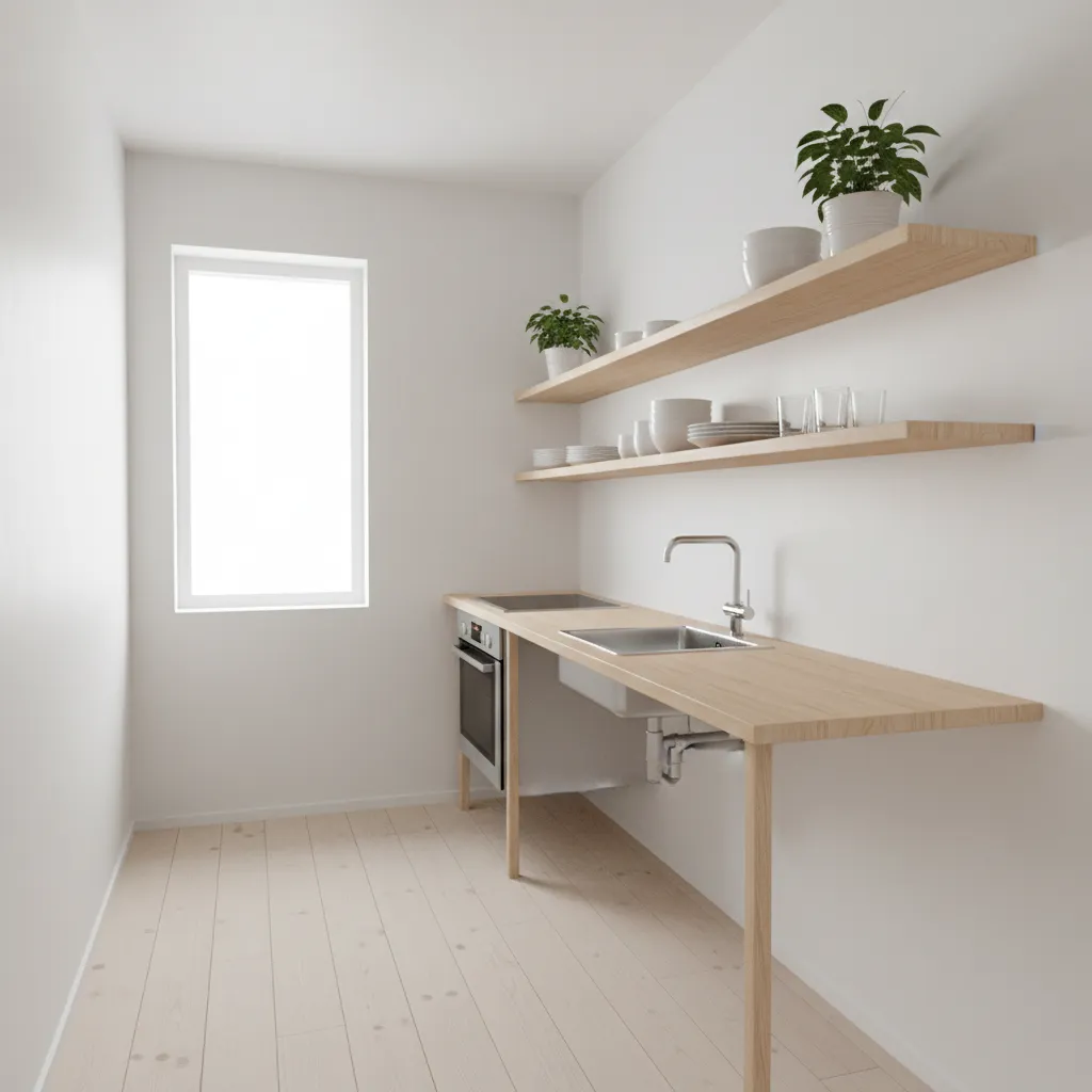 small house kitchen with open shelving instead of upper cabinets