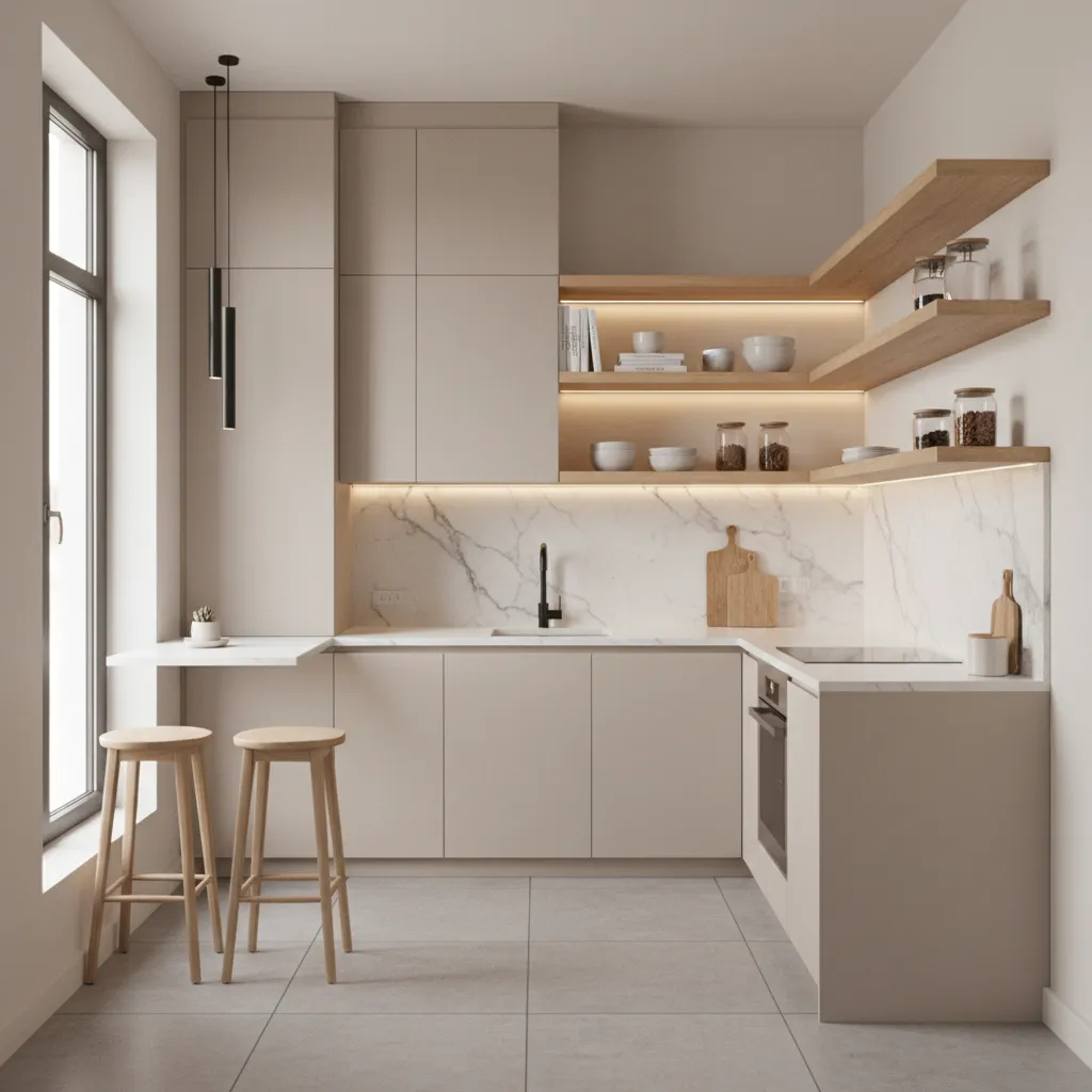 Small U-shaped kitchen using open shelving and light cabinets to create spacious feeling