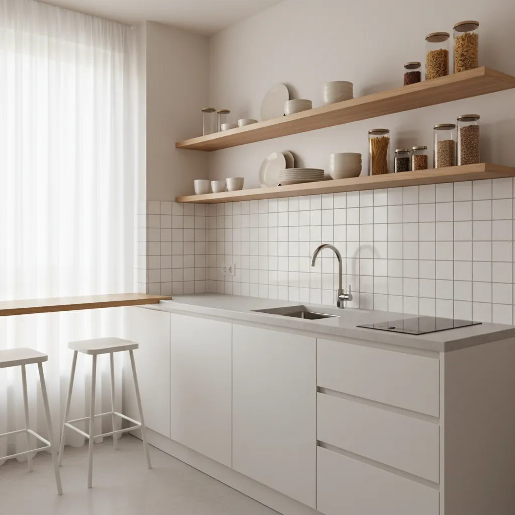 small kitchen with floating shelves replacing upper cabinets