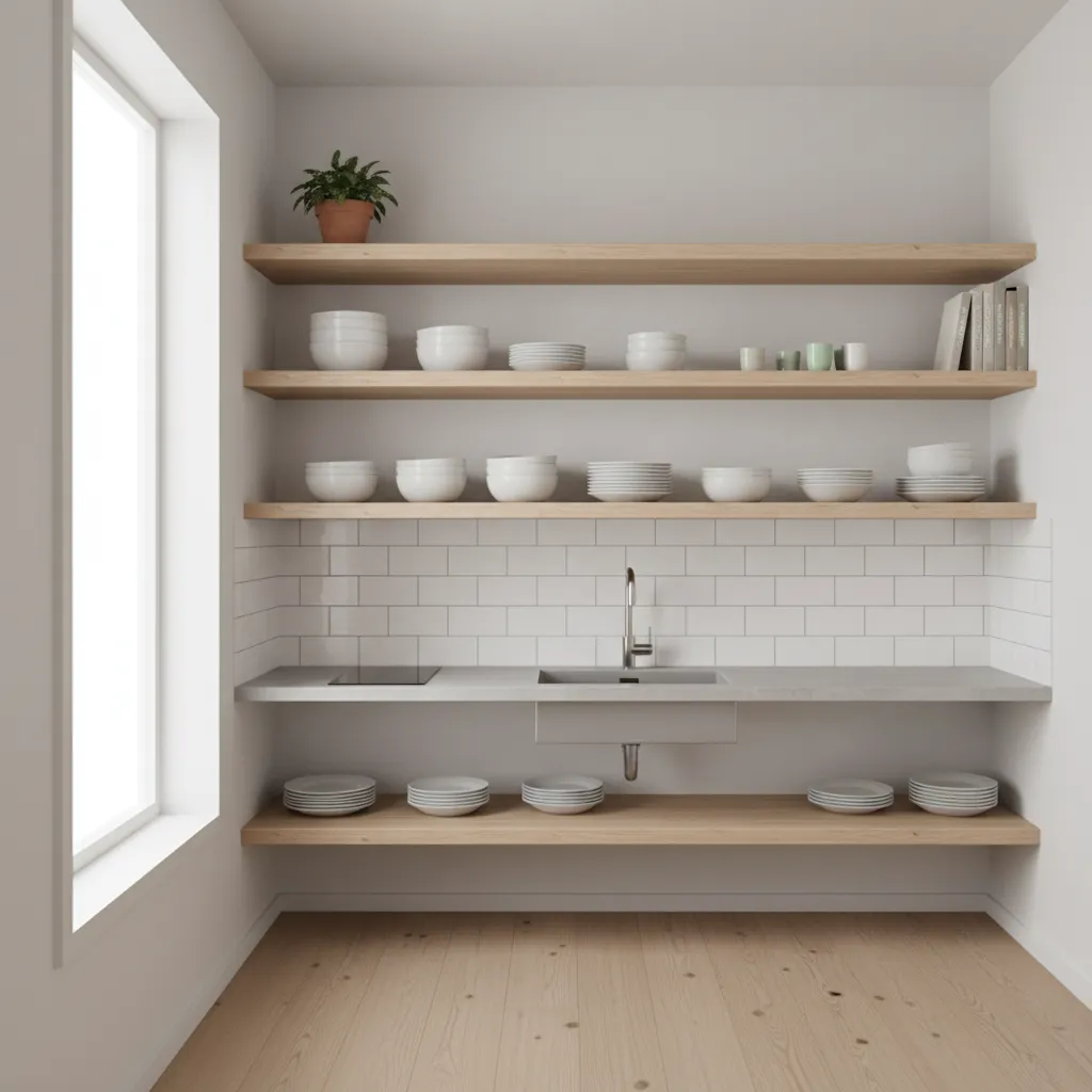 Small kitchen wall with minimal open shelving and neatly arranged dishes