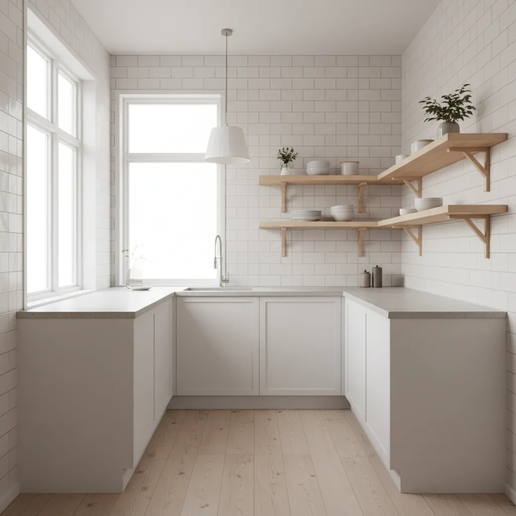 small C shaped kitchen with open shelving and bright backsplash