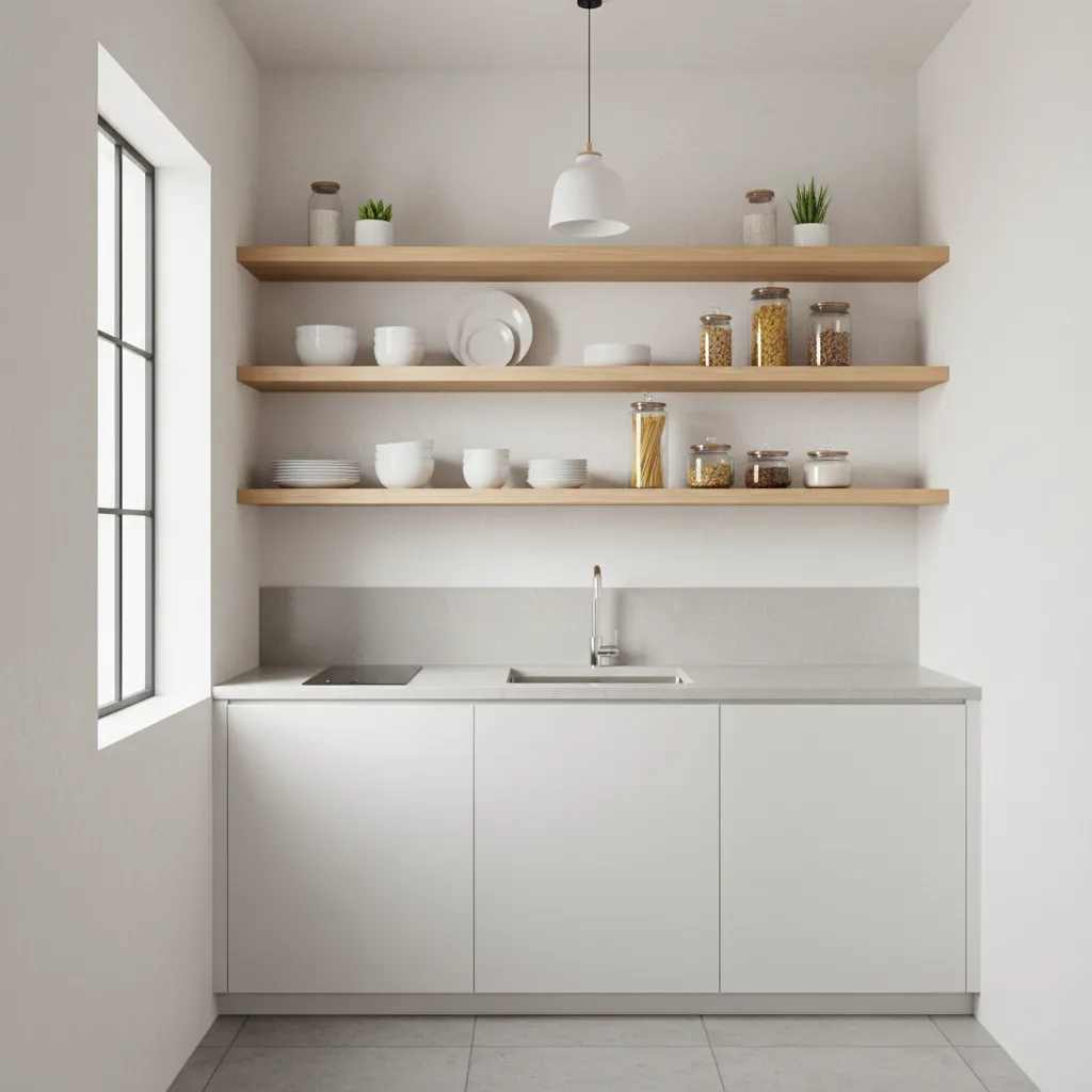 Small kitchen with selective open shelving replacing one cabinet section