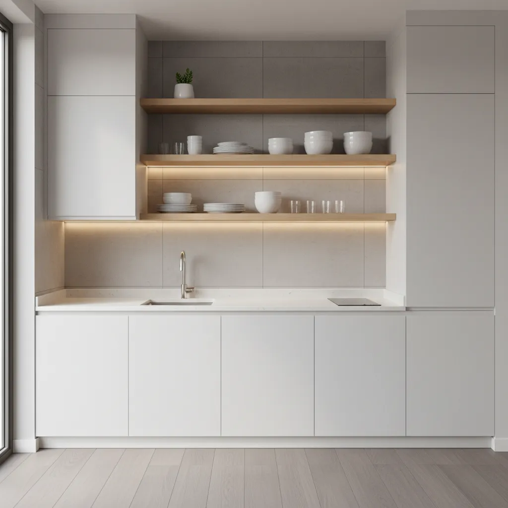 Small kitchen combining closed cabinets with minimal open shelving