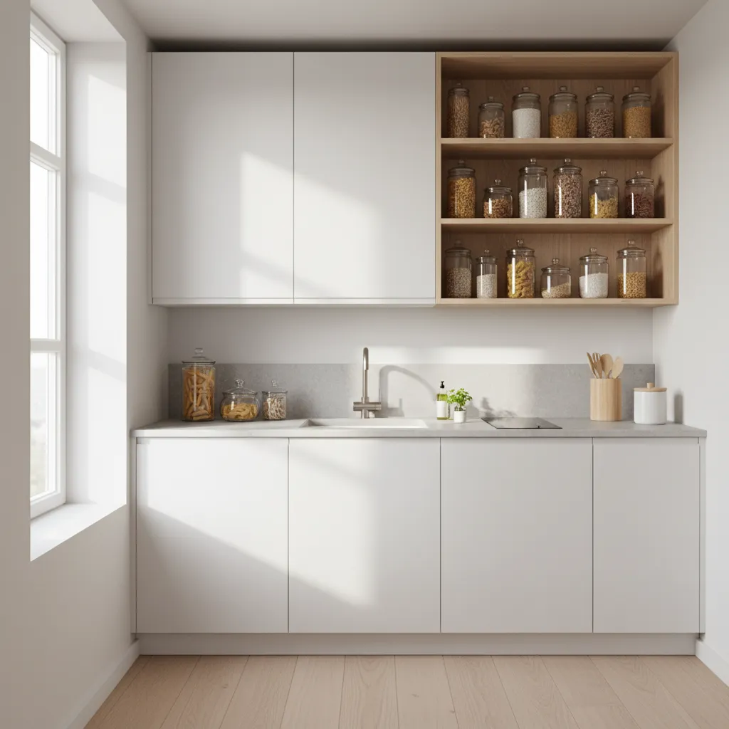 Minimalist white kitchen with wooden open shelves, glass jars, white cabinets, sink, and natural window light